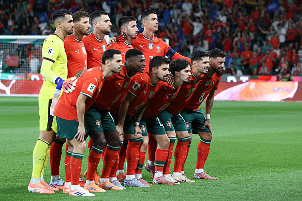 Portugal players pose for a team photo before the 2026 World Cup qualifier Europe zone group F football match between Portugal and Ireland at Jose Alvalade stadium in Lisbon on October 11, 2025.